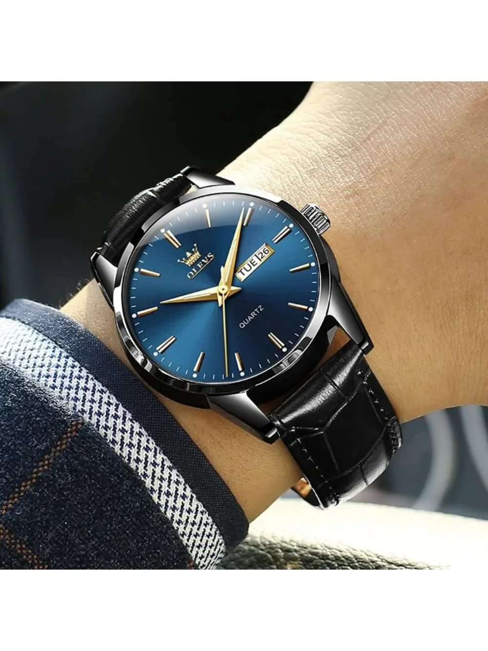 Men's Blue Fashion Quartz Leather Black Buckle Waterproof Luminous Round Watch